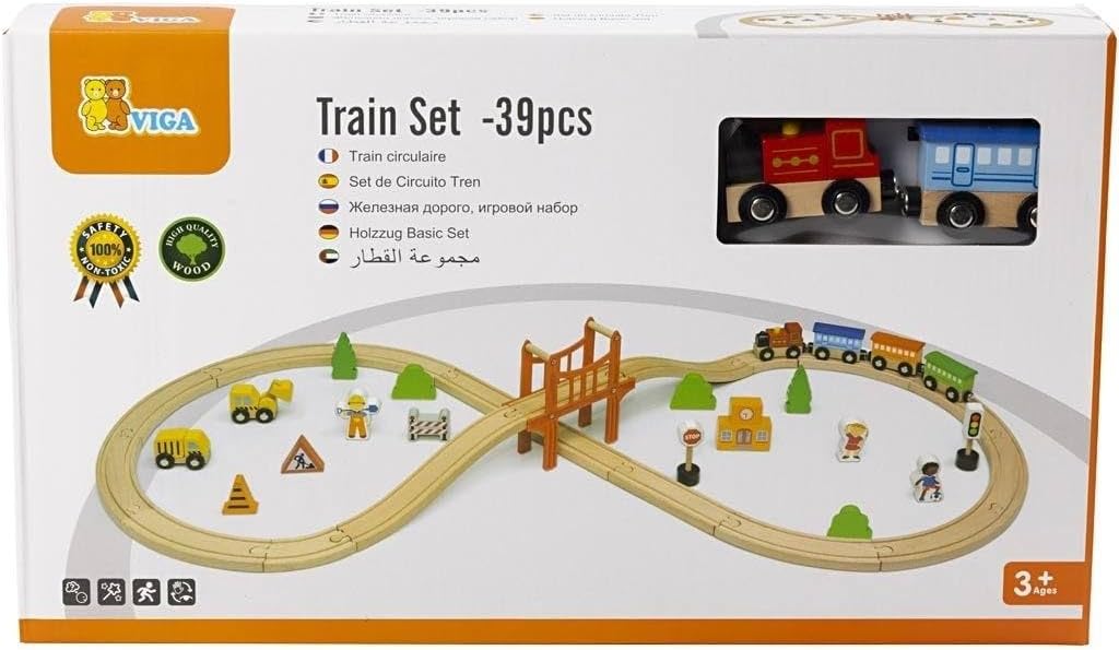 Viga Wooden Train Set 39-Pieces, Multicolor