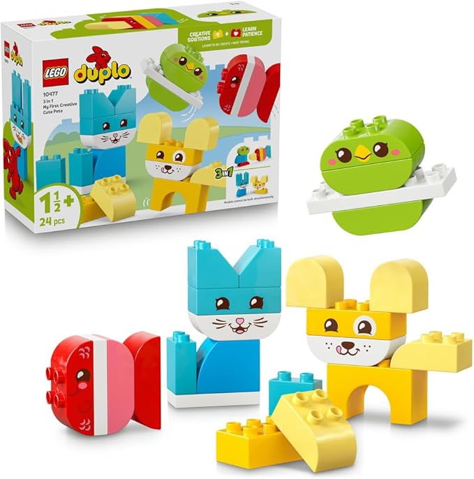 LEGO DUPLO 3 in 1 Creative Cute Pets - Educational Fine Motor Skills Toy for Toddlers - Animal Figures incl. Dog, Cat, Bird & Fish - Birthday Gift for 1+ Year Old Babies, Girls & Boys - 10477