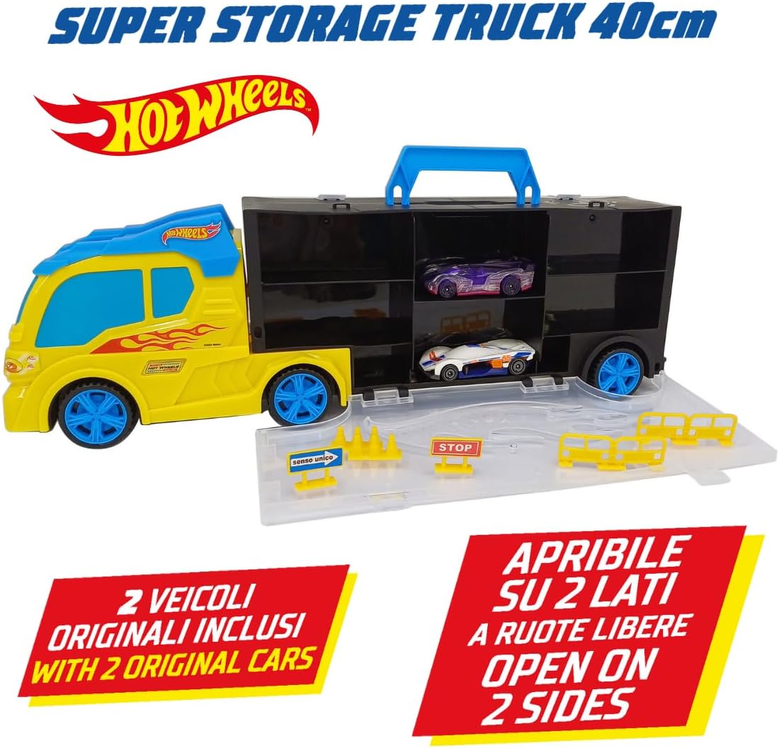 ODS 42041 Hot Wheels Transporter 40, Two Sided Folding Carry Case with Practical Handle and Car Slide, Includes 3 Original Vehicles and Road Signs, Freewheel Operation, Durable Plastic, Orange, Toy Car Storage and Playset for Kids Ages 3 and Up