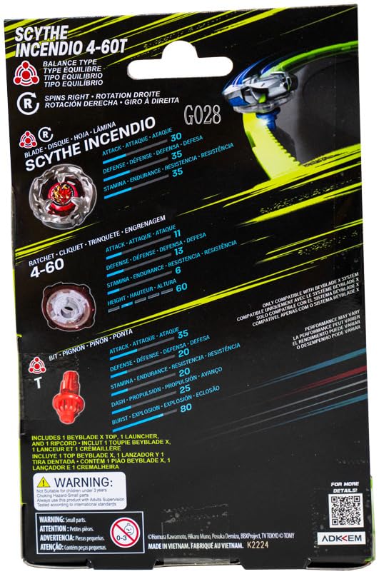 Takara Tomy Beyblade X Launcher Scythe Incendio 4-60T Starter Pack Top & Launcher, Easy Grip, Battle Top Toy, Bey Toy for 8+ Year Old Boys Girls, Authentic Die-cast Metal Parts, Powerful Attacks