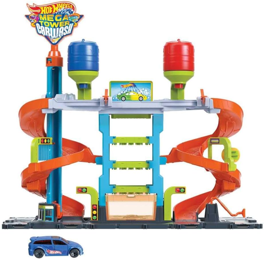 Hot Wheels City Mega Car Wash Playset with 1 Color Shifters Car, No-Mess Water Play, Track Features, Connects to Other Sets, Kids Toys for Ages 3 and Up