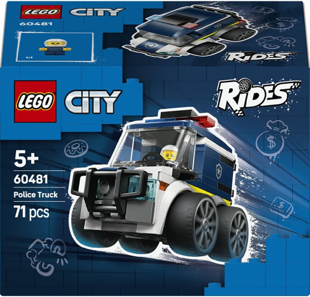 LEGO City Rides – Police Truck Toy - Emergency Vehicles Building Set w/a Police Officer Junior Minifigure - Party Bag Fillers - Small Collectible Gift for 5+ Year Old Boys - 60481