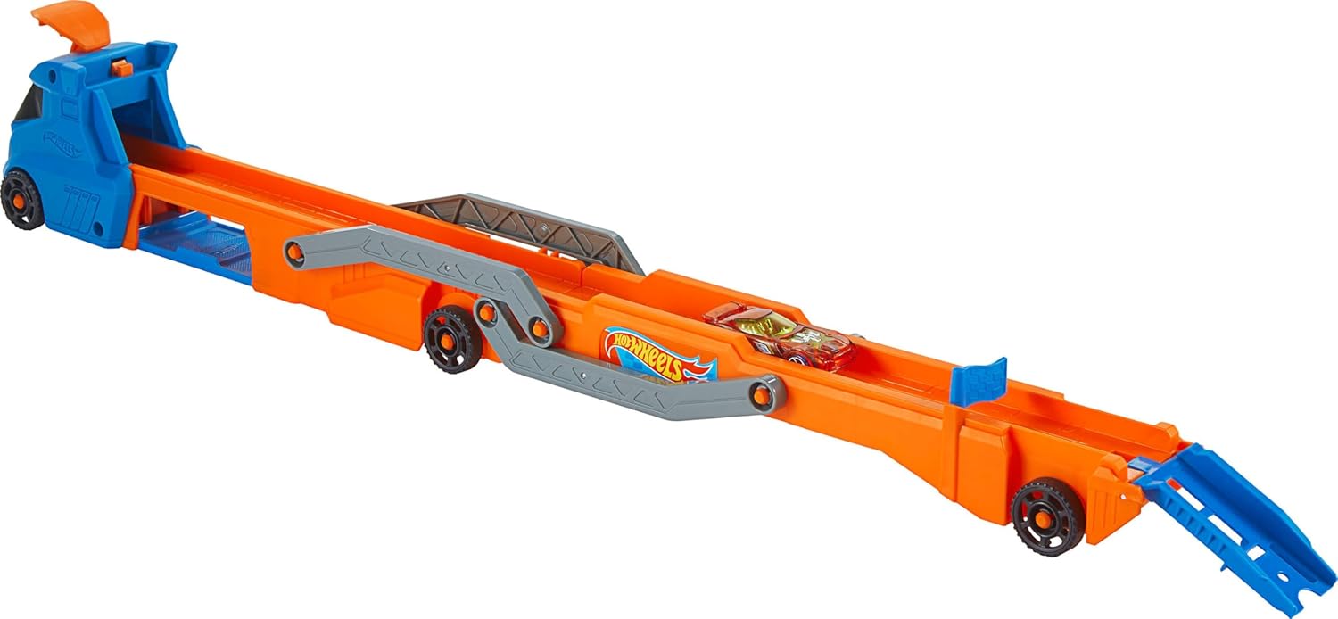 Hot Wheels Speed Track Transporter Truck & Raceway Playset with 1:64 Scale Car, Transforms into 2.5+ Ft Track, Stores 9 Cars, Manual Launcher, Kids Toy 4+