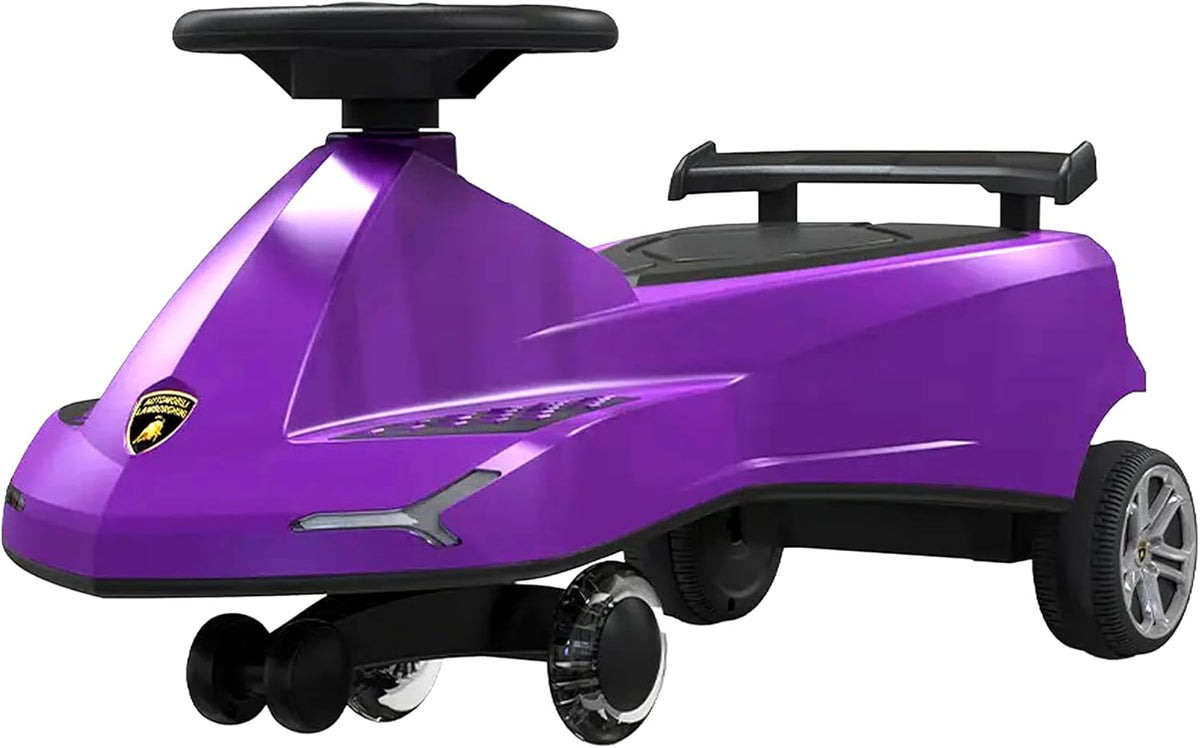 Lamborghini Swing Car Ride-On with Lights & Sounds, 360° Rotation, Movable Rear Wing, Ergonomic Design, Kids Ride-On Toy, Purple