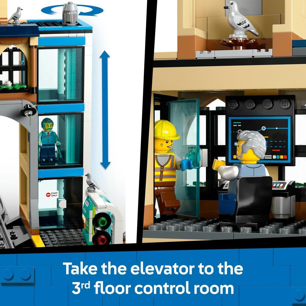 LEGO City Central Train Station Set - incl. a Maintenance Vehicle Toy, Working Lift, 2 Platforms & a Track Piece, plus 6 Minifigures - Creative Ramadan Gift for 7+ Year Old Boys & Girls - 60469