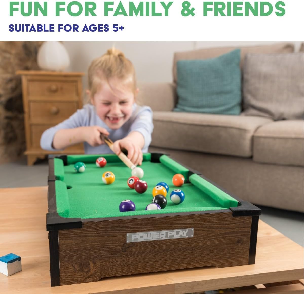 Power Play 20 Inch Pool Table, Kids Pool Game, Arcade Games for Boys and Girls 3+, Indoor and Outdoor Tabletop Game, Wooden Construction, Complete Billiard Set