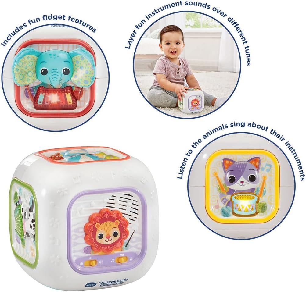 VTech Baby Sensory Sounds Musical Cube Interactive Learning Toy with Songs Textures Animals and Instruments Multicolor 3m+