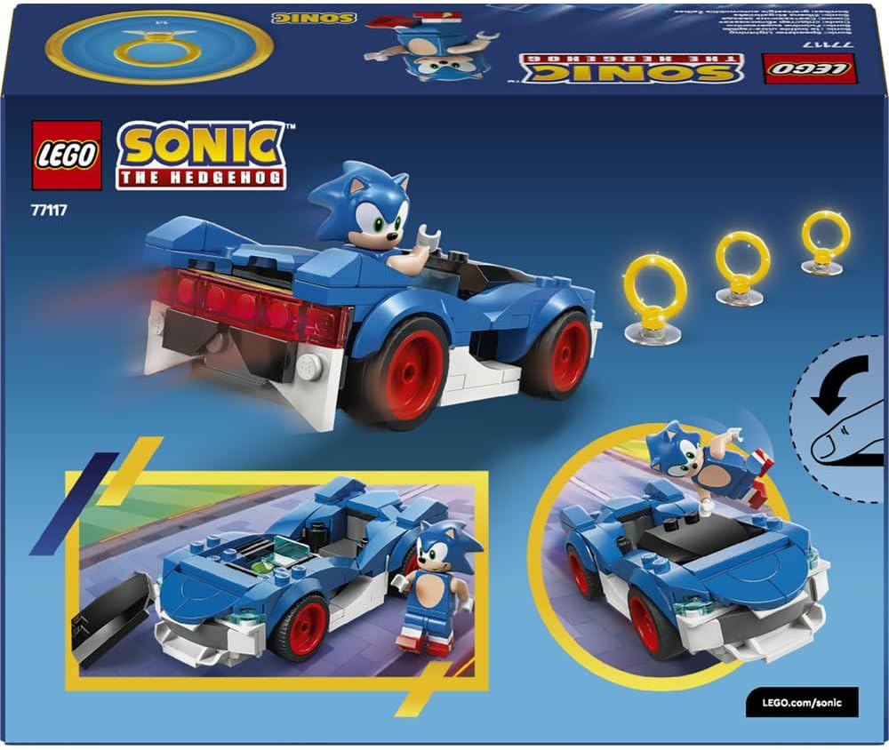 LEGO Sonic the Hedgehog: Sonic : Speedster Lightning - Race Car Toy w/a Minifigure, Chaos Emerald & 3 Gold Rings - Gaming Gift for 7+ Year Old Boys & Girls - 77117