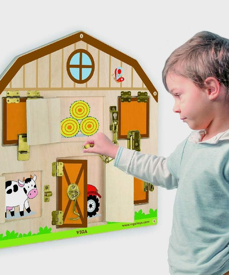 لعبة فيجا للحائط قابلة للقفل والفتح، لوحة حسية خشبية من مونتيسوري، تُنمي المهارات الحركية الدقيقة وحل المشكلات، صديقة للبيئة وغير سامة، متينة، تُثبت على الحائط للأطفال الصغار من عمر 18 شهرًا فما فوق