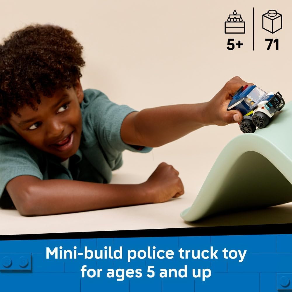 LEGO City Rides – Police Truck Toy - Emergency Vehicles Building Set w/a Police Officer Junior Minifigure - Party Bag Fillers - Small Collectible Gift for 5+ Year Old Boys - 60481