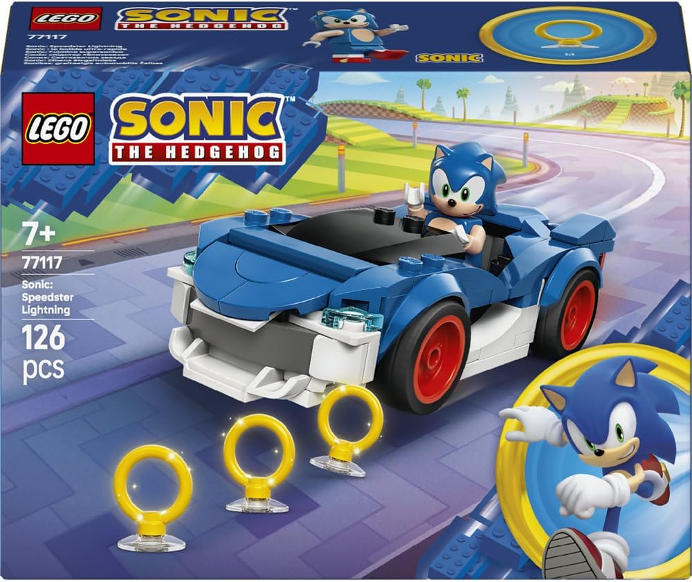 LEGO Sonic the Hedgehog: Sonic : Speedster Lightning - Race Car Toy w/a Minifigure, Chaos Emerald & 3 Gold Rings - Gaming Gift for 7+ Year Old Boys & Girls - 77117