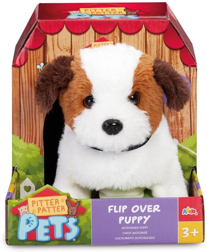 Addo Pitter Patter Pets Flip Over Puppy Battery Operated, Fluffy Fur with Expressions, Plush Toy, Interactive Plush, 3 Years+