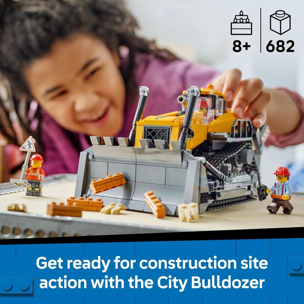 LEGO City Yellow Bulldozer Toy - Large Construction Vehicle Building Set - incl. 3 Minifigures plus Loose Bricks & Road Signs - Birthday Gift for 8+ Year Old Boys - 60466