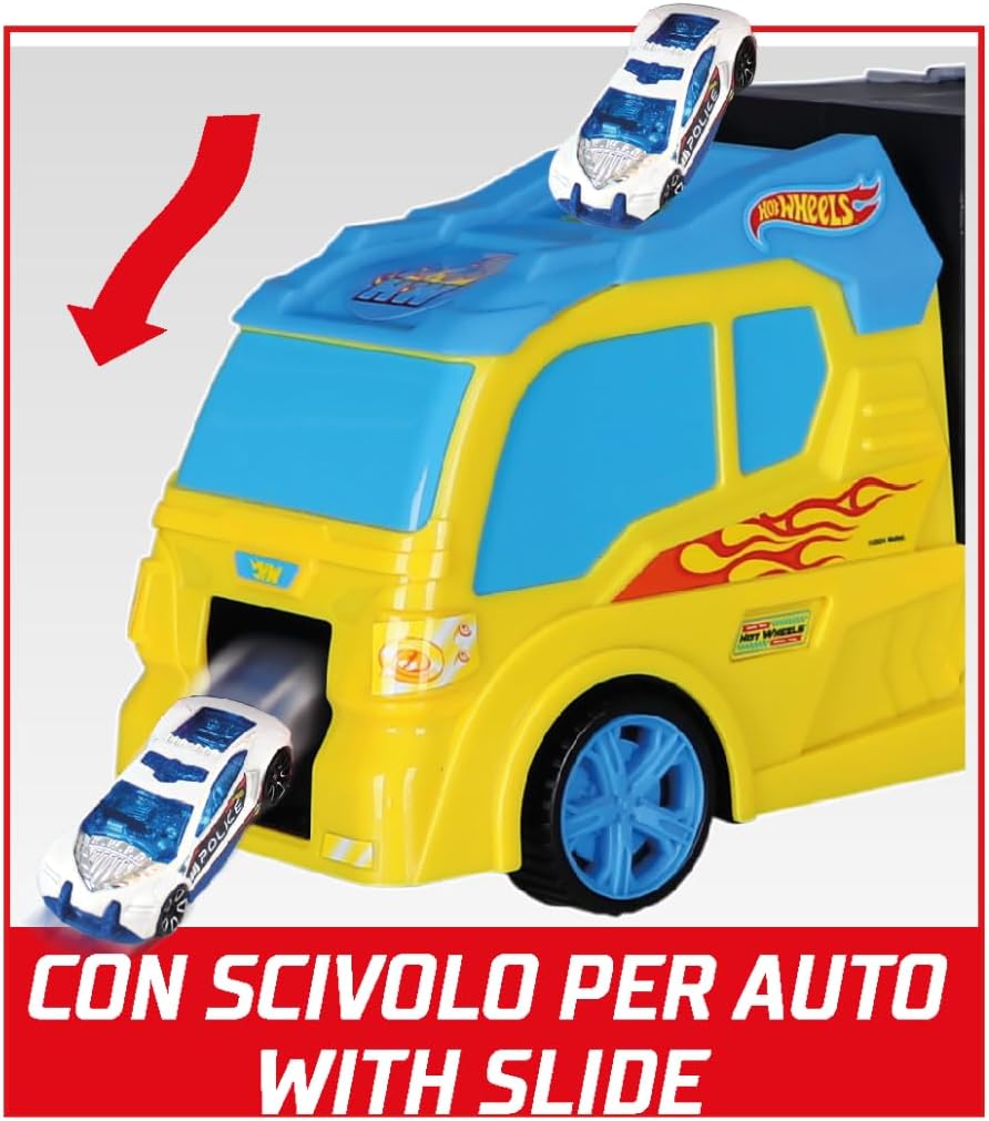 ODS 42041 Hot Wheels Transporter 40, Two Sided Folding Carry Case with Practical Handle and Car Slide, Includes 3 Original Vehicles and Road Signs, Freewheel Operation, Durable Plastic, Orange, Toy Car Storage and Playset for Kids Ages 3 and Up