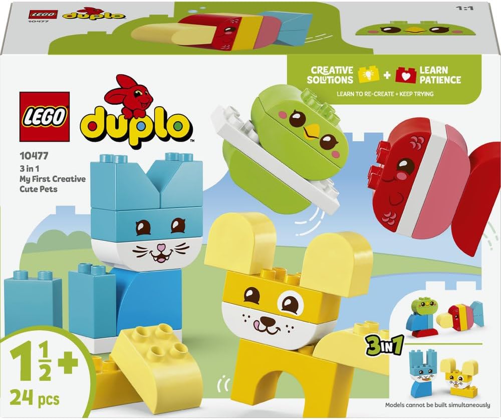 LEGO DUPLO 3 in 1 Creative Cute Pets - Educational Fine Motor Skills Toy for Toddlers - Animal Figures incl. Dog, Cat, Bird & Fish - Birthday Gift for 1+ Year Old Babies, Girls & Boys - 10477