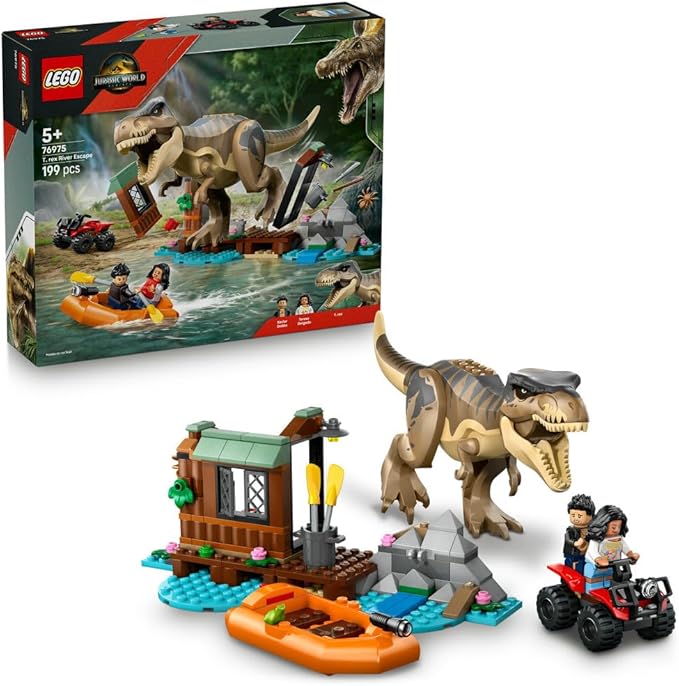 LEGO Jurassic World T. rex River Escape - Interactive Dinosaur Toy - incl. a Dino Figure, Boat Toy, ATV & 2 Minifigures - Gift for 5+ Year Old Boys & Girls - 76975