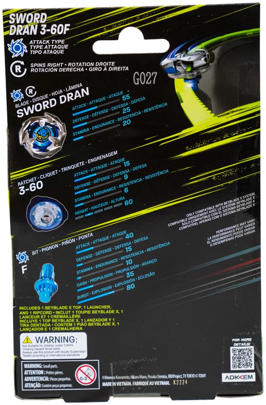 Takara Tomy Beyblade X Launcher Sword Dran 3-60F Starter Pack Top & Launcher, Easy Grip, Battle Top Toy, Bey Toy for 8+ Year Old Boys Girls, Authentic Die-cast Metal Parts, Powerful Attacks