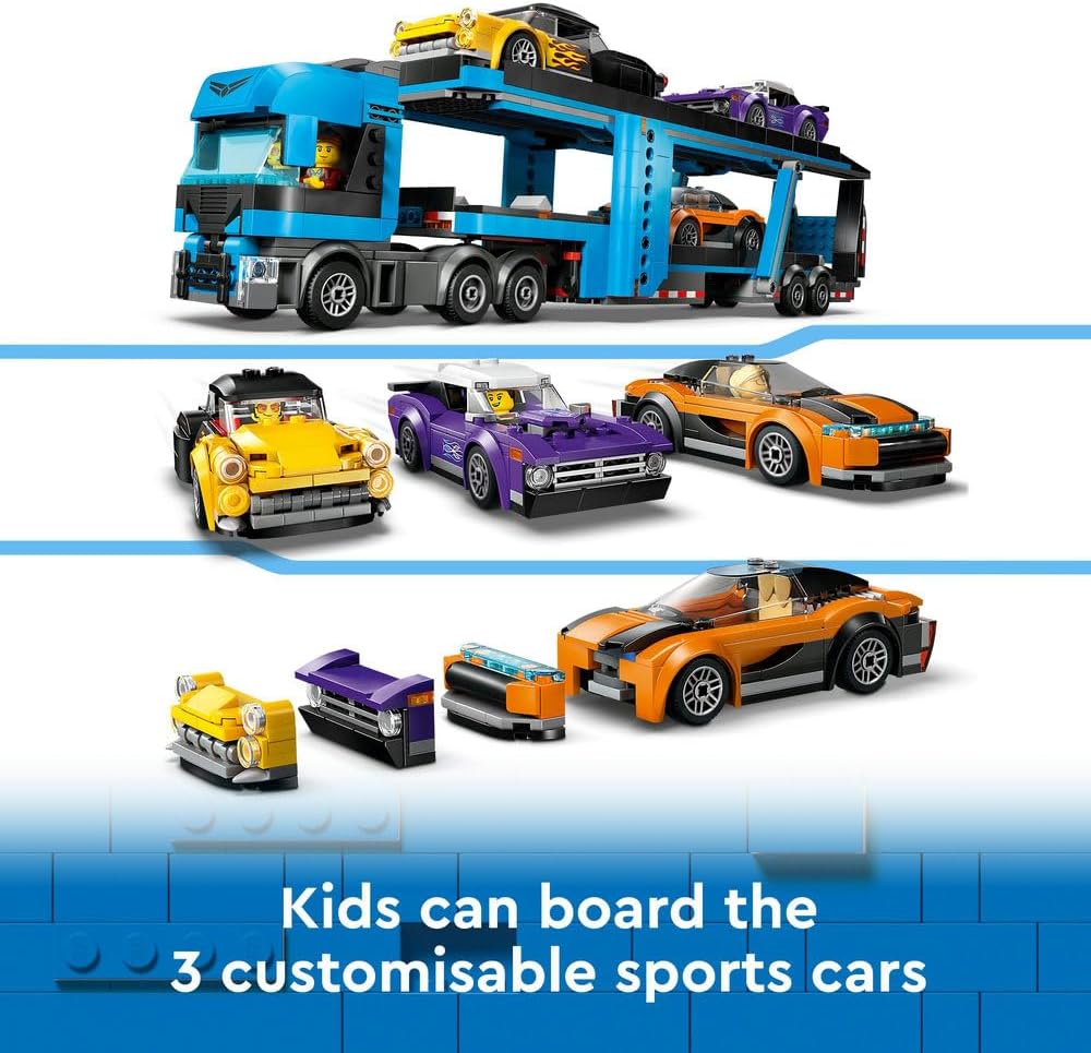 LEGO City Car Transporter Truck with Sports Cars, 4 Vehicle Toy Set for 7 Plus Year Old Kids, Boys & Girls, with Trailer and 4 Minifigures for Imaginative Play, Creative Gift Idea 60408