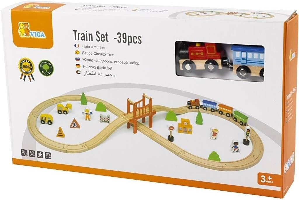 Viga Wooden Train Set 39-Pieces, Multicolor