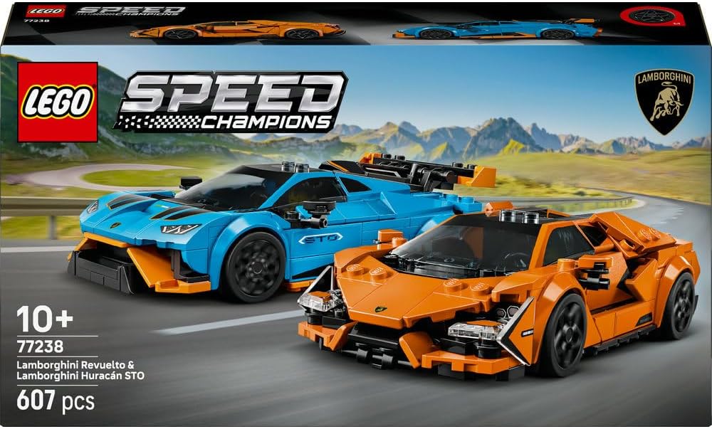 LEGO Speed Champions Lamborghini Revuelto & Huracán STO - Toy Race Cars Model Kit incl. 2 Driver Minifigures - Ramadan Gift for 10+ Year Old Boys - 77238
