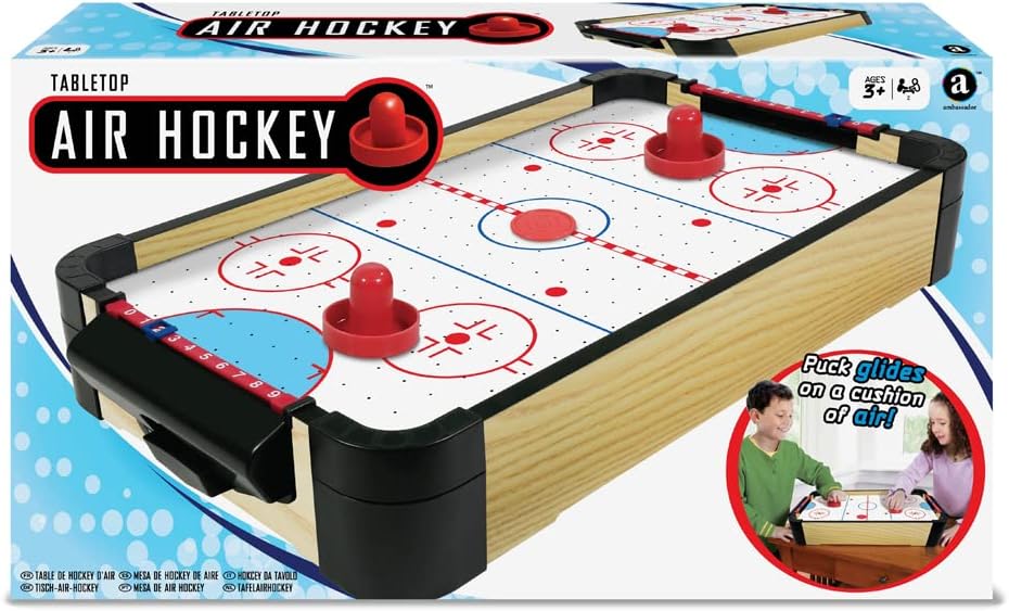 Ambassador 16 Inch Tabletop Air Hockey Game for Kids 3+ Years, Portable Mini Air Hockey Table, 2 Player Arcade Style Game