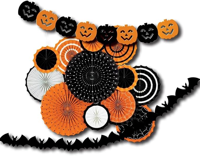 Orange Black Halloween Paper Fan Decorating Kit