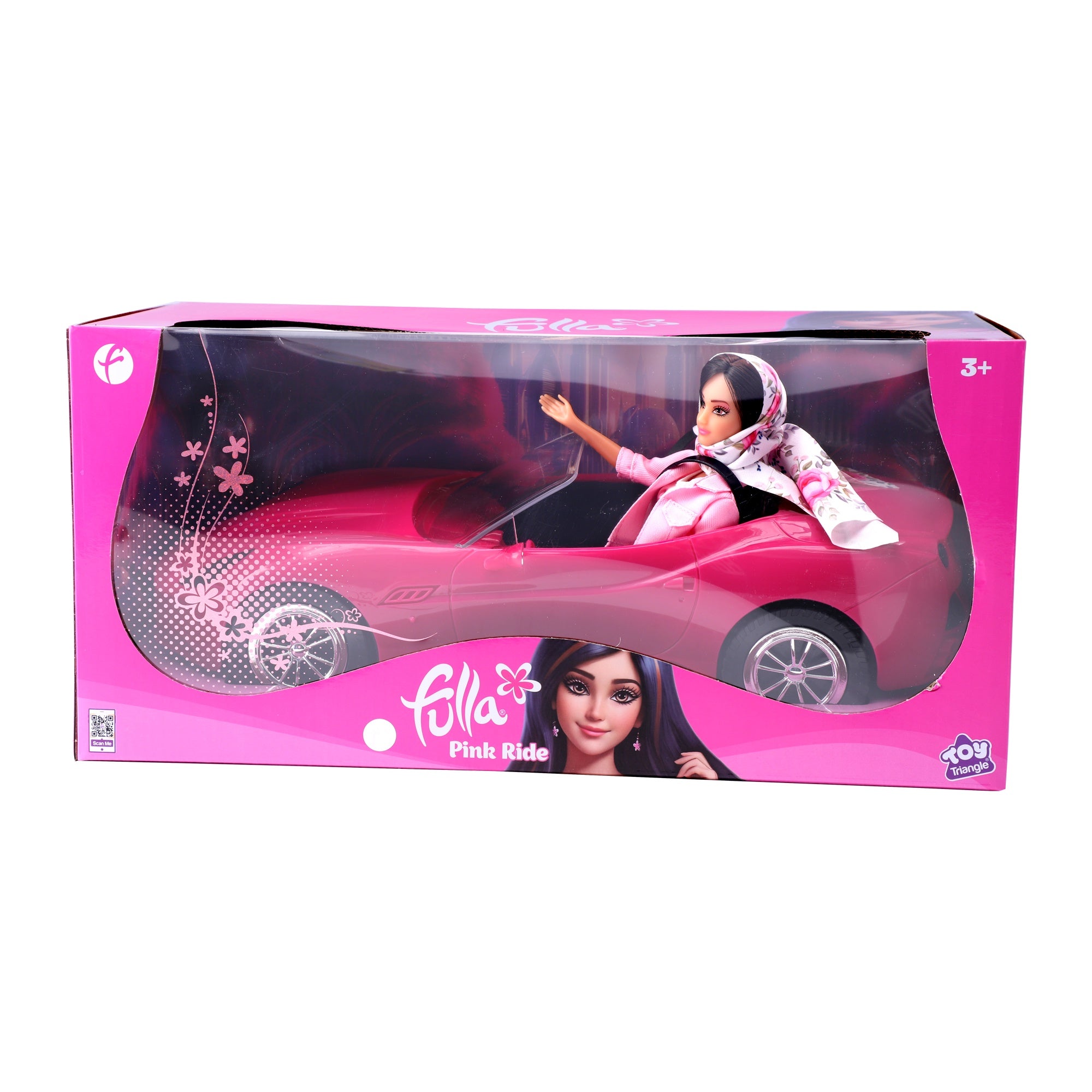 Fulla Ride and Drive Doll with Pink Car, Floral Scarf and Pink Denim Jacket, Pretend Travel Adventure Play Set for Kids Aged 3+