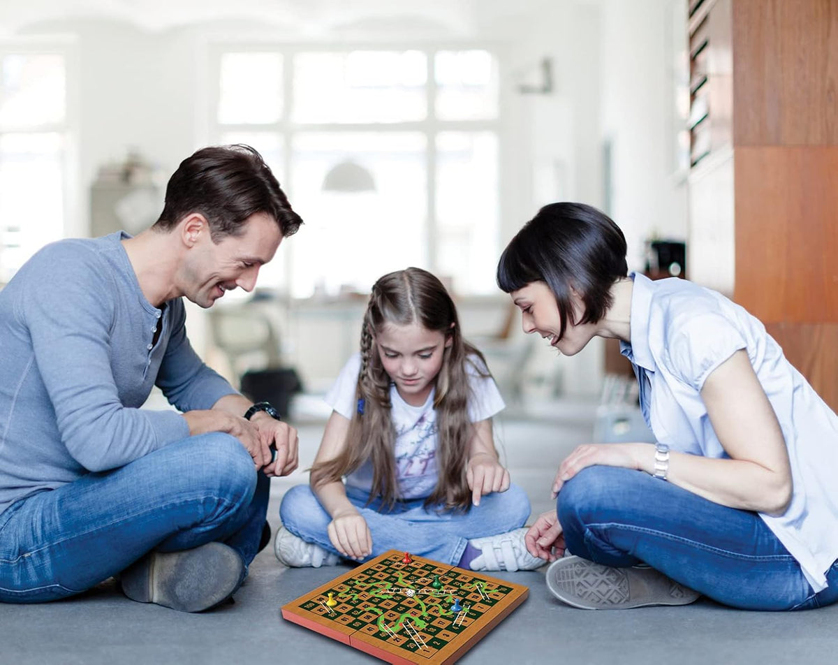 Ambassador Merchant Folding Wood Snakes & Ladders Board Game, 4 Colored Playing Pieces, 1 Dice, Magnetic Closure, 29.5cm x 29.5cm, Kids 6 Years+