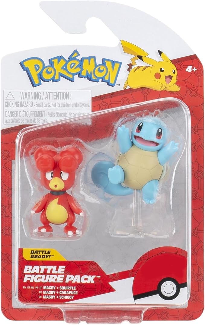 Pokemon Battle Figure Magby & Squirtle, Official Detailed Action Figures, Play Figurines for Kids, Toy Gift