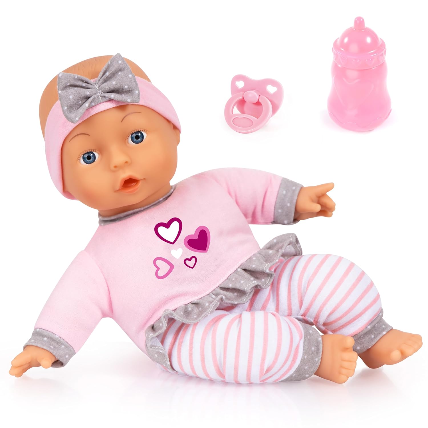 Bayer Soft Cuddle Baby Doll 30cm Set with Pacifier and Bottle, Soft Body Infant Doll for Nurturing Role Play, Purple Outfit, 10M+ Months