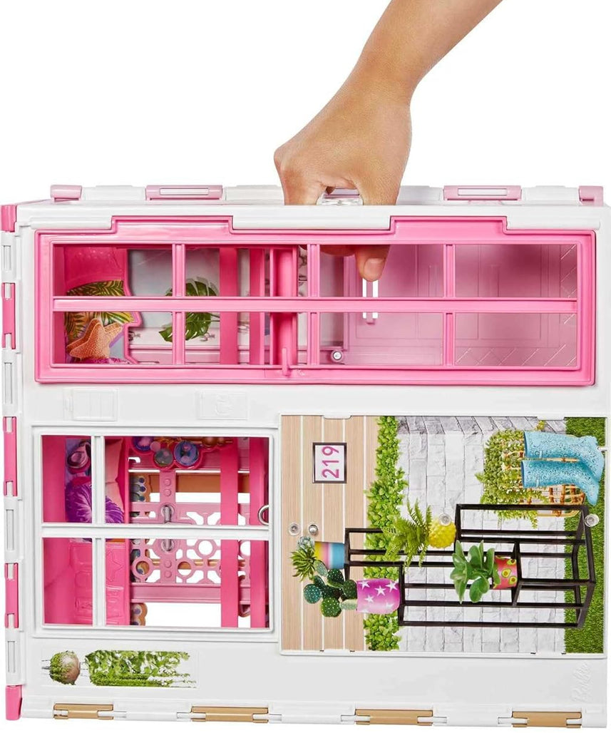 مجموعة لعب منزل باربي HCD48 الوردي اللطيف المكون من طابقين، تتضمن دمية وجراء وإكسسوارات، منزل أحلام باربي القابل للطي والمحمول للأطفال من سن 3 سنوات فما فوق