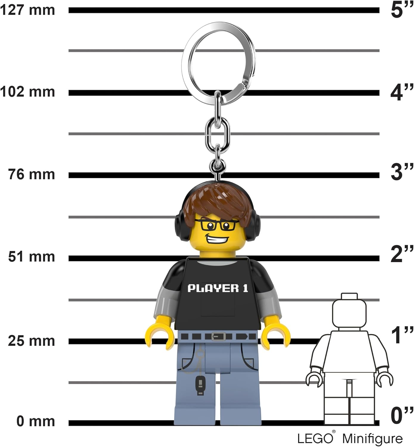 LEGO Minifigures Keychain Light - Video Game Guy (KE217H), Extra-Large 3 Inches Tall, Bag Charm, Easter Basket Stuffer