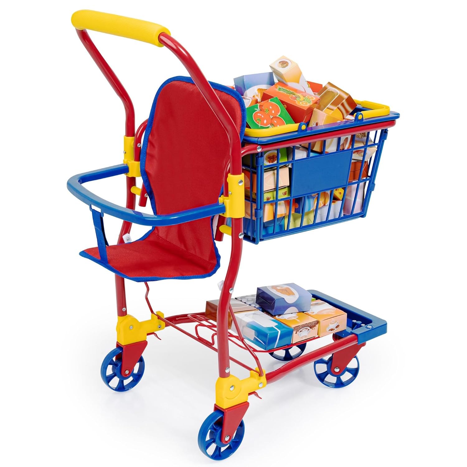 Bayer Design Kids Shopping Cart 42cm Metal Trolley with Toy Food Boxes and Doll Seat, Role Play Supermarket Playset, 3Y+ Years