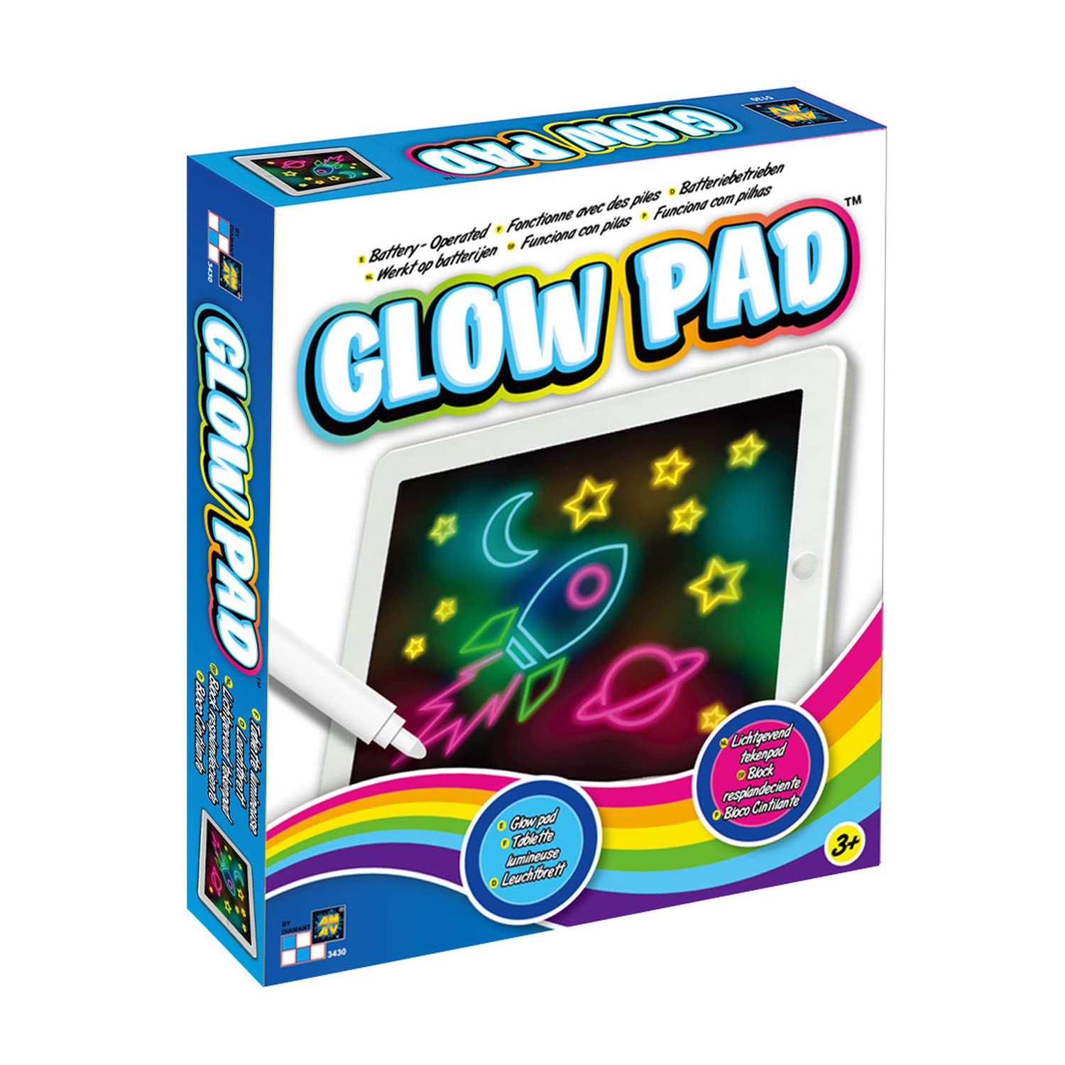 Diamant Glow Pad Battery Operated Portable Drawing Board with 7 LED Background Colors and 2 Glow Markers, Compact Creative Art Toy for Kids, 3M+ Months