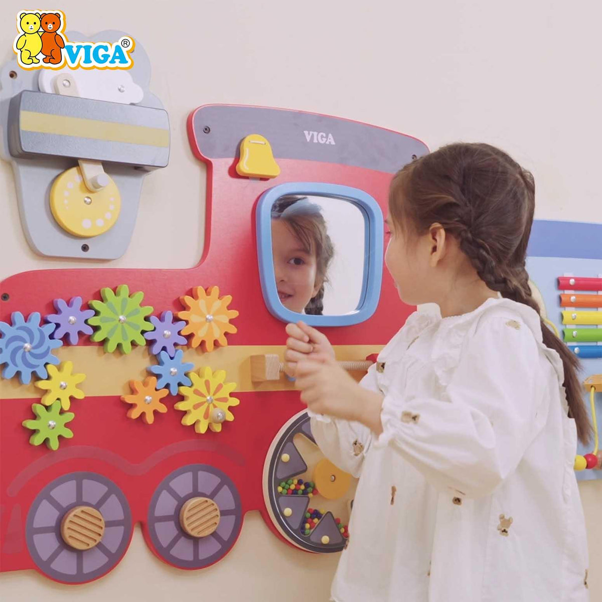 VIGA Multi Activity Wall Toy Train Series, Wooden Wall Mounted Activity Board, Montessori Learning Panel, Fine Motor Skills Toy for Toddlers, Playrooms & Waiting Areas, Ages 18M+