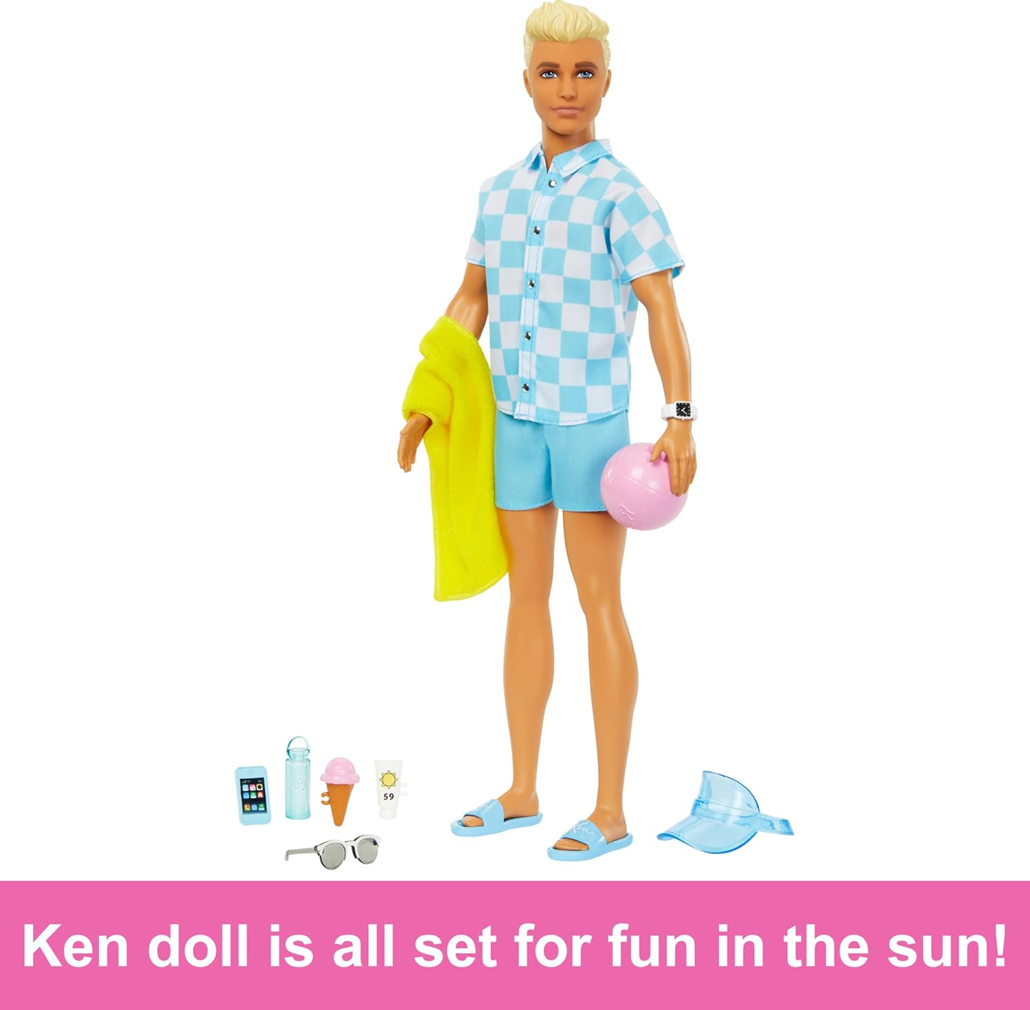 Barbie Blonde Ken Doll with Blue Button-Down and Swim Trunks, Beach-Themed Accessories for Imaginative Role Play, Ages 3+