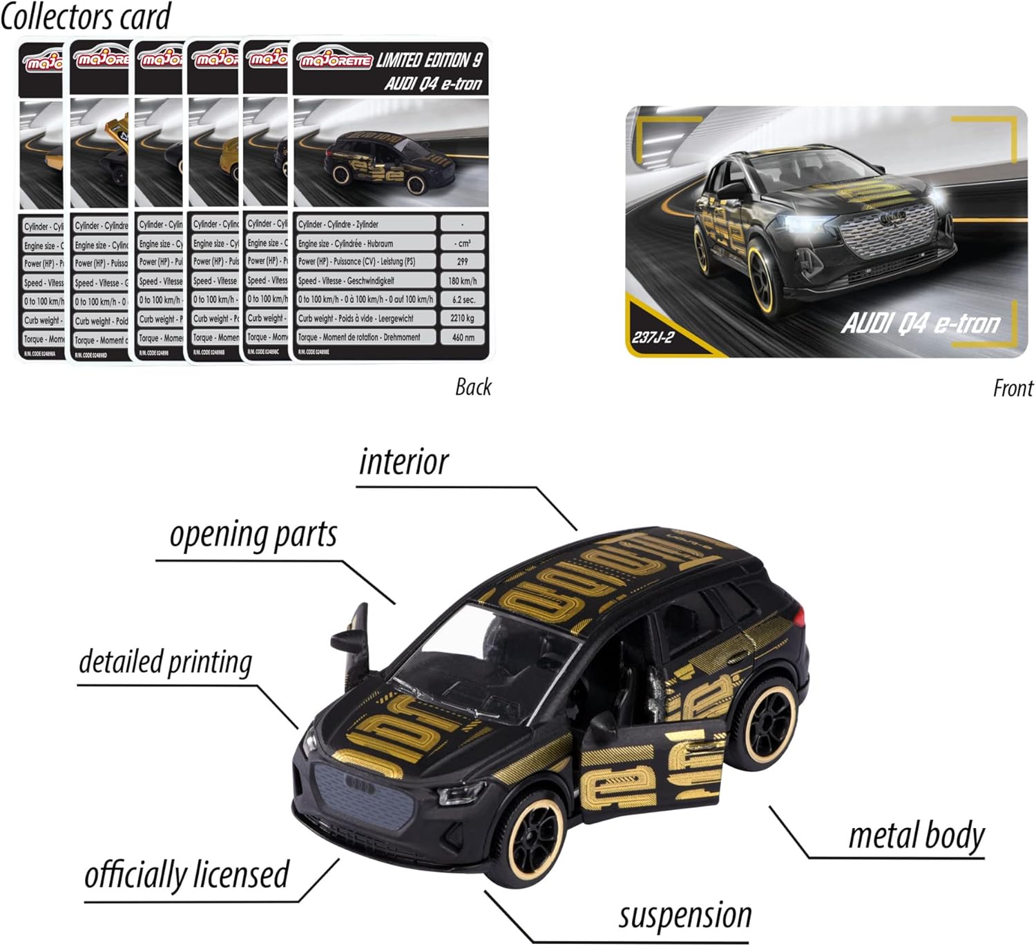 Majorette Limited Edition 9 Gold Design Toy Car, 1:64 Scale Die Cast Model, Random 1 of 6 Collectible Cars, Free Roll Suspension, Trading Card Included, Kids and Collectors, Ages 3+
