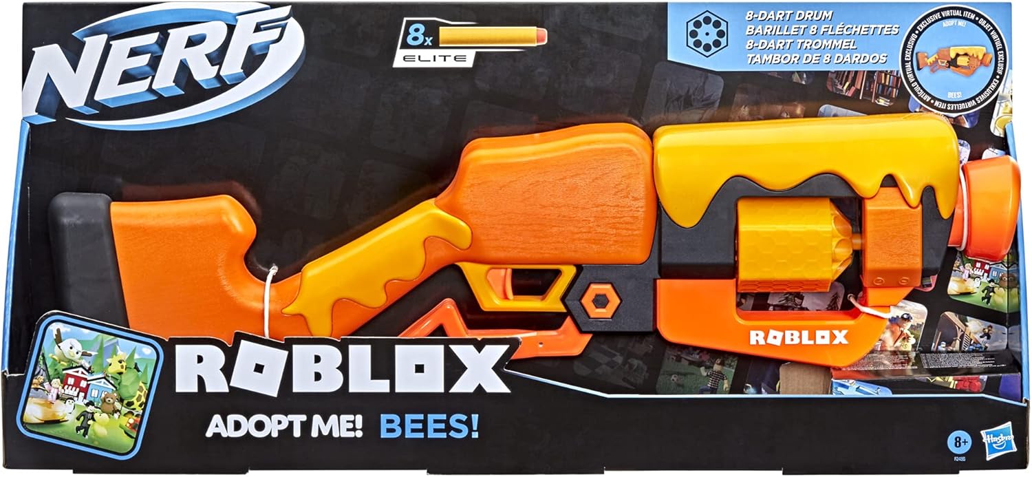 Nerf Roblox Adopt Me! Bees Lever Action Dart Blaster, 8-Dart Rotating Drum, 8 Nerf Elite Darts, Exclusive Virtual Item Code, Indoor & Outdoor Play