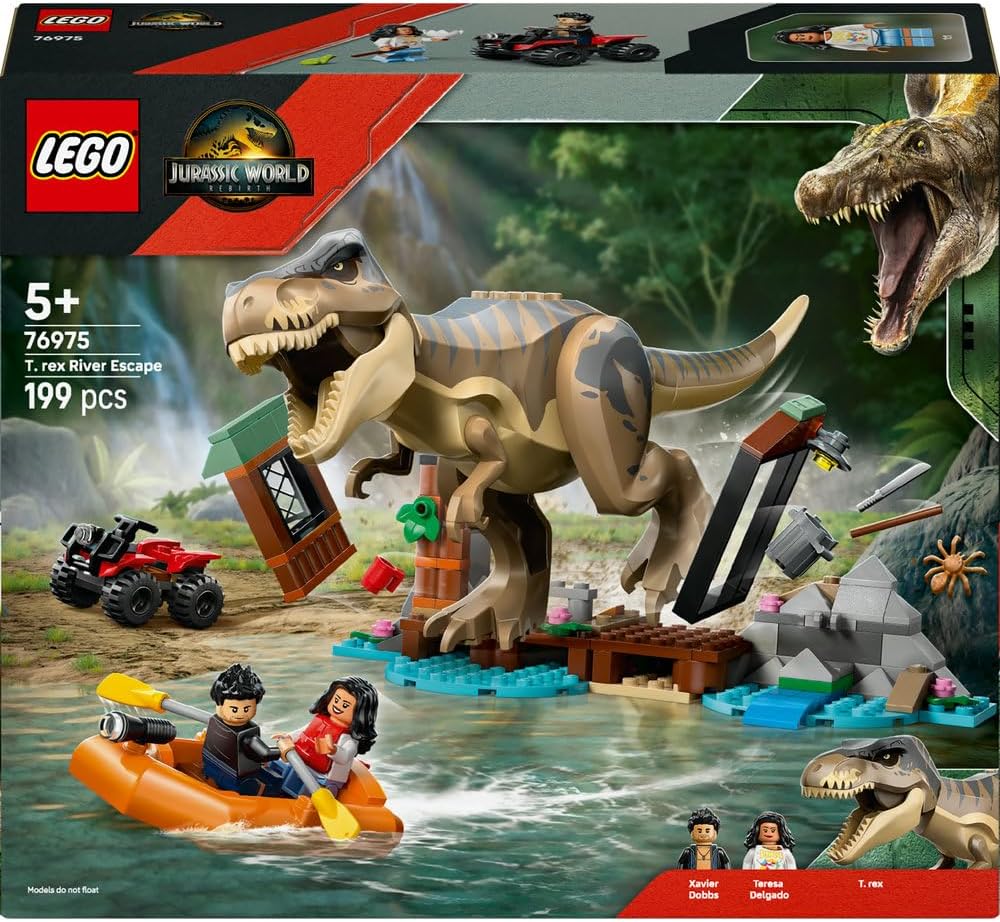 LEGO Jurassic World T. rex River Escape - Interactive Dinosaur Toy - incl. a Dino Figure, Boat Toy, ATV & 2 Minifigures - Gift for 5+ Year Old Boys & Girls - 76975