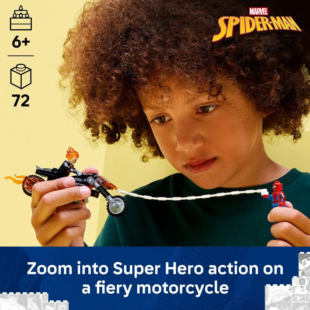 LEGO | Marvel Spider-Man vs. Ghost Rider Motorcycle - Superhero Toy w/a Motorbike Model, 2 Minifigures, Web String & Fire Elements - Gift for 6+ Year Old Boys - 76335