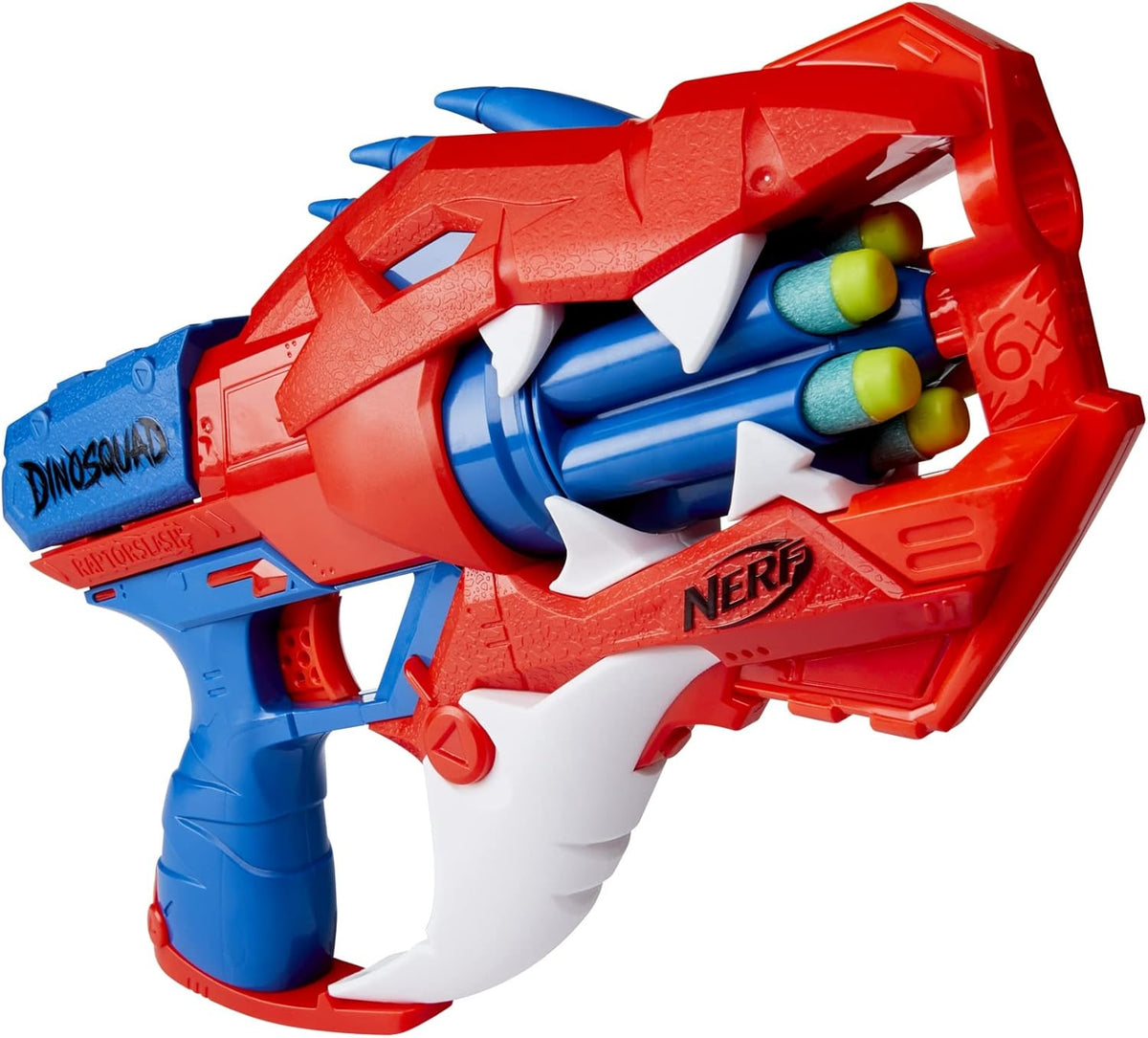 Nerf DinoSquad Raptor-Slash Dart Blaster, 6-Dart Rotating Drum, Slam-Fire Action, 6 Official Nerf Elite Darts, Velociraptor Dinosaur Design, Multicolour