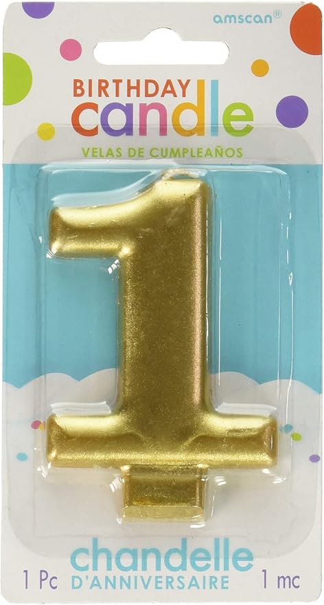 amscan Birthday Celebration, Numeral #1 Metallic Candle, Party Supplies, Gold, 3 1/4" - 170417