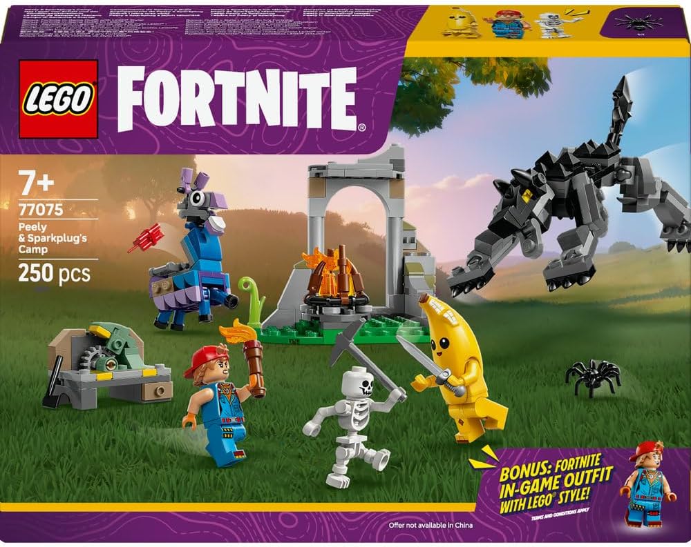 LEGO Fortnite Peely & Sparkplug’s Camp Toy - incl. Wolf & Supply Llama Figures plus a Campfire & 3 Minifigures - Gift for 7+ Year Old Boys, Girls & Gaming Fans - 77075