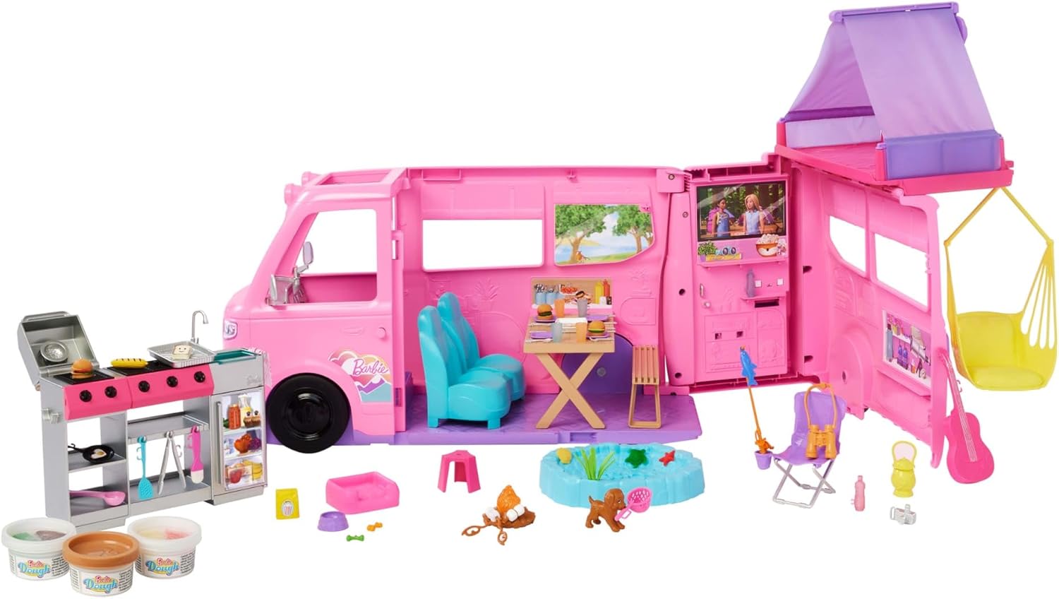 Barbie Dream Camper Playset with Roof Tent, Swing Chair, Fishing Pond, BBQ Grill with Color-Change Feature & 60+ Accessories Including Dough, HRJ78