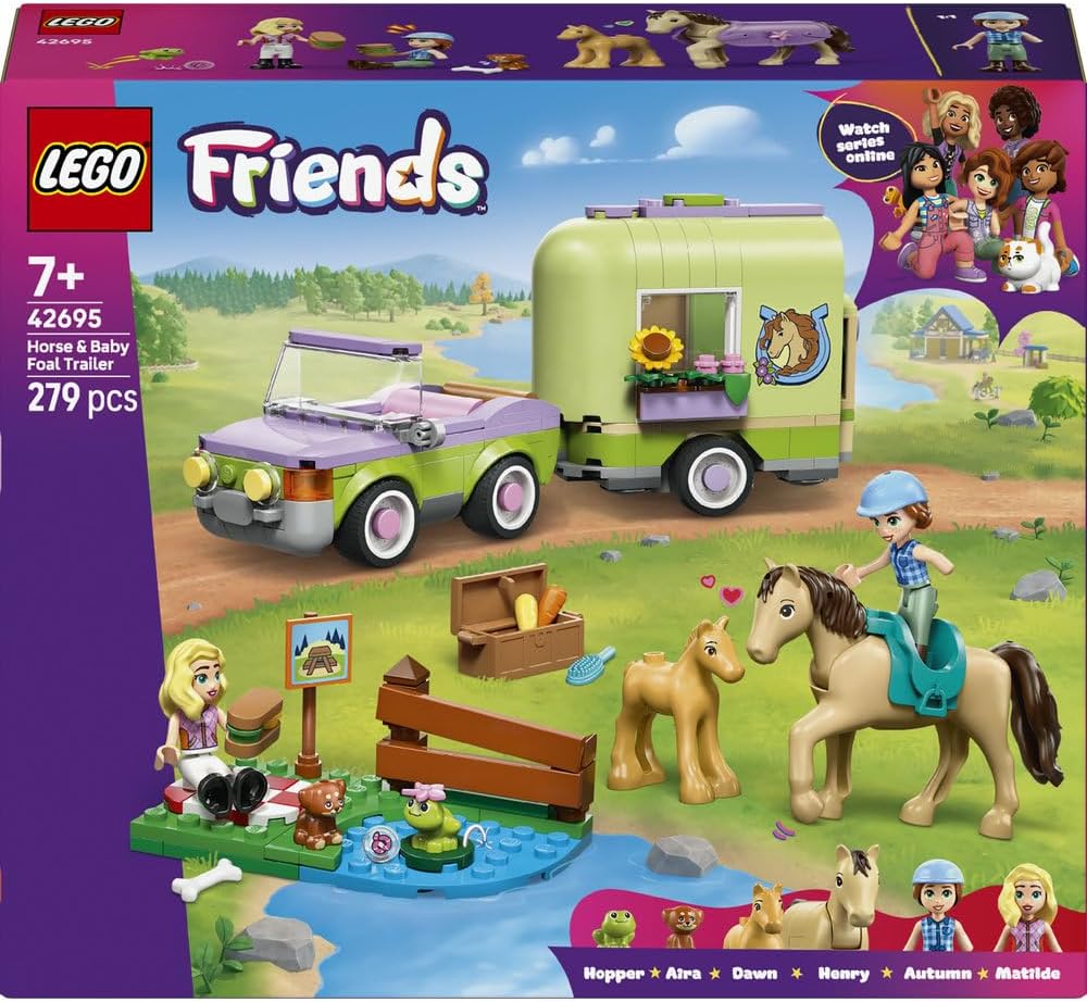 LEGO Friends Horse & Baby Foal Trailer - Horse Toy Playset w/Grooming Accessories, 4 Animal Figures, Car & 2 Mini Dolls - Birthday Gift Idea for 7+ Year Old Girls - 42695