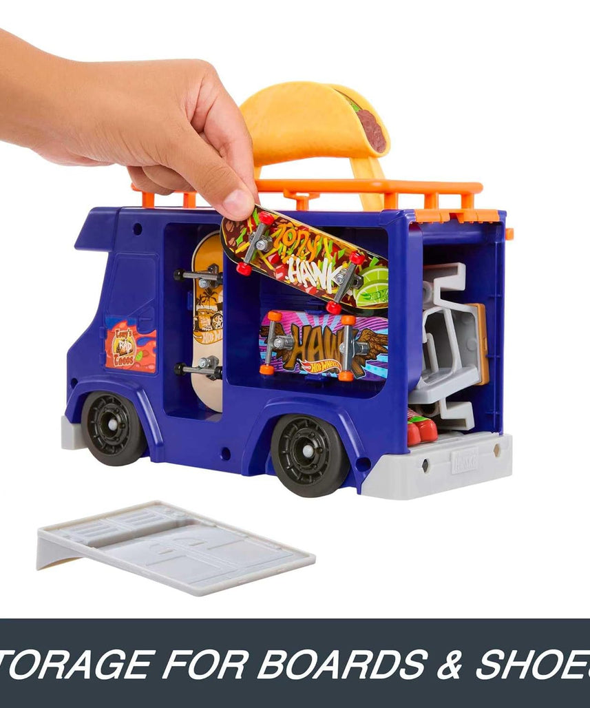 Hot Wheels Skate Taco Truck Play Case with Exclusive Tony Hawk Fingerboard, Skate Shoes, Mobile Skatepark, Storage for Boards and Accessories, Kids Toys for Ages 3 and Up