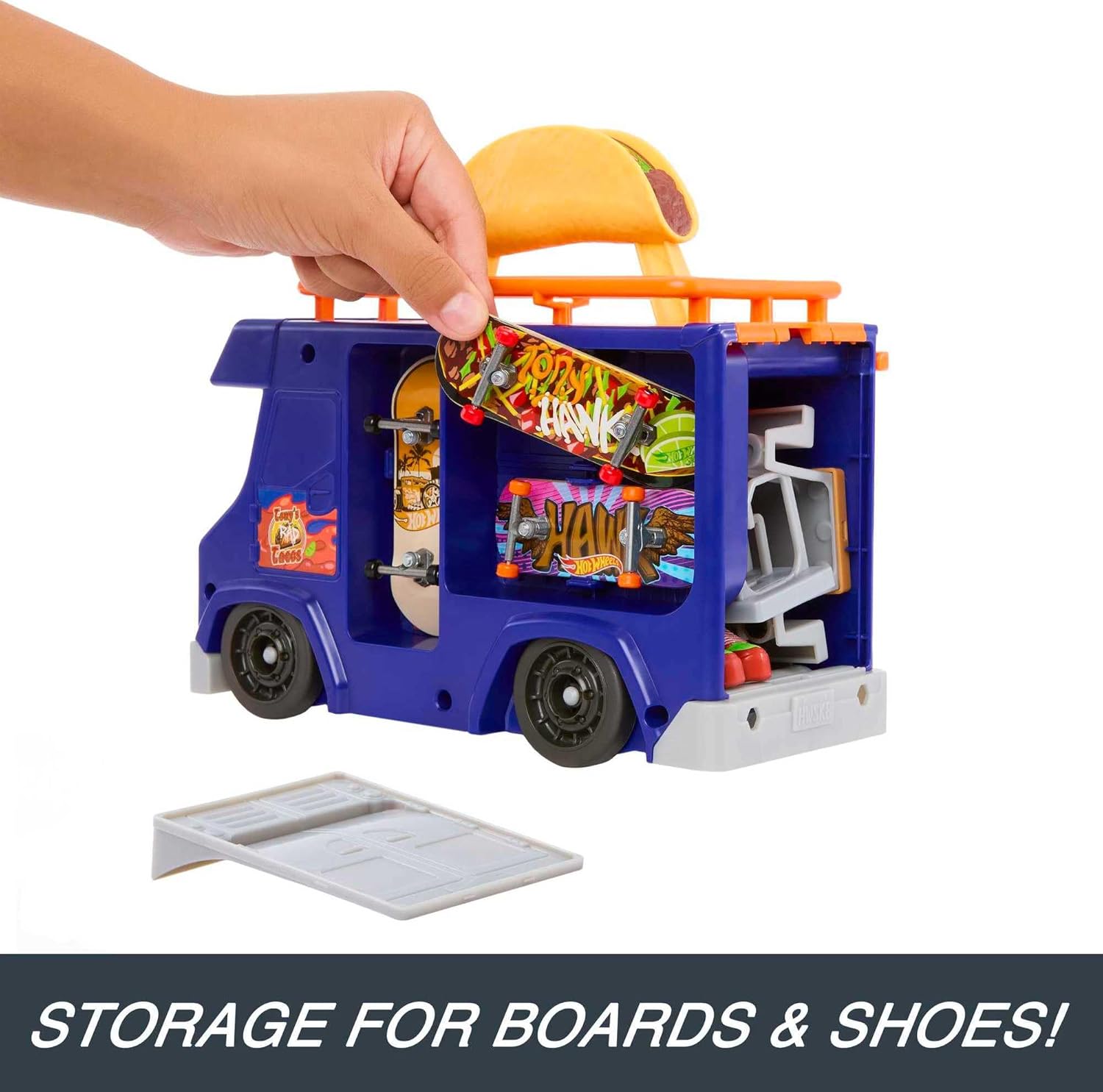 Hot Wheels Skate Taco Truck Play Case with Exclusive Tony Hawk Fingerboard, Skate Shoes, Mobile Skatepark, Storage for Boards and Accessories, Kids Toys for Ages 3 and Up