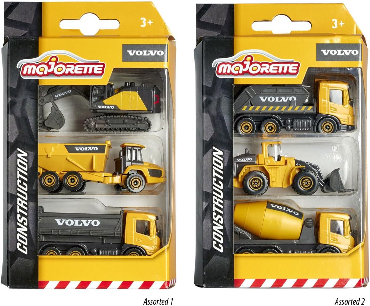 Majorette Volvo Construction Truck Set – 3-Piece Die-Cast Vehicle Collection with Moving Parts for Kids 3+, Realistic Sandpit and Collector’s Toy