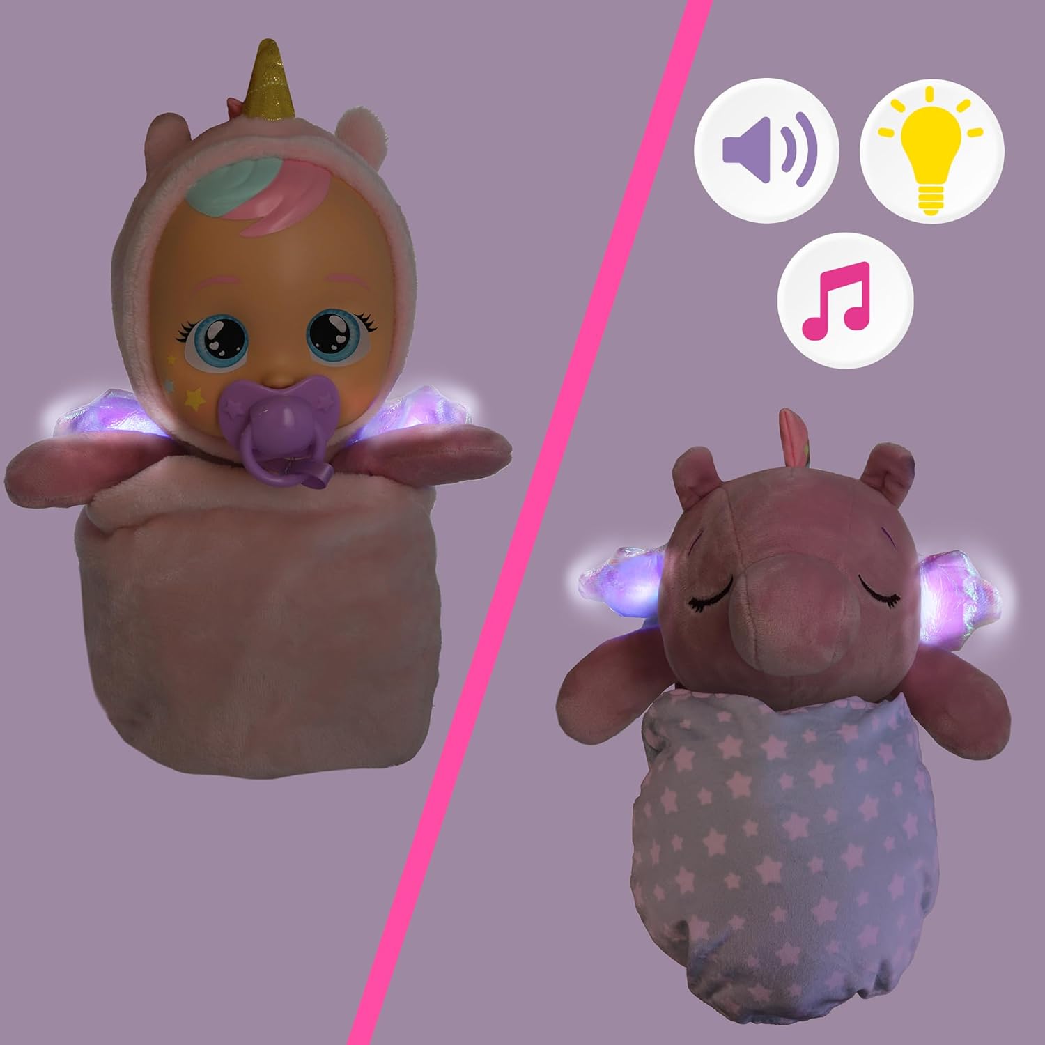 Cry Babies Goodnight Friends Luna and Poppy, 2 In 1, With Light up Wings, 5 Soothing Lullabies, Baby Doll, Pretend Play, Roleplay, 1 Years+