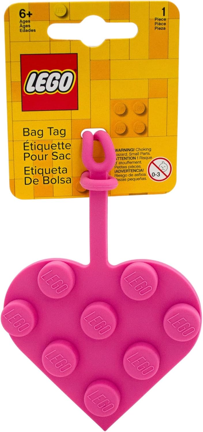 LEGO 3x3 Heart Silicone Bag Tag - Pink (53692), Silicone, Luggage tag for Travel, Spring Break, Vacation, Cruise, School Backpack Charm, Easter Basket Stuffer